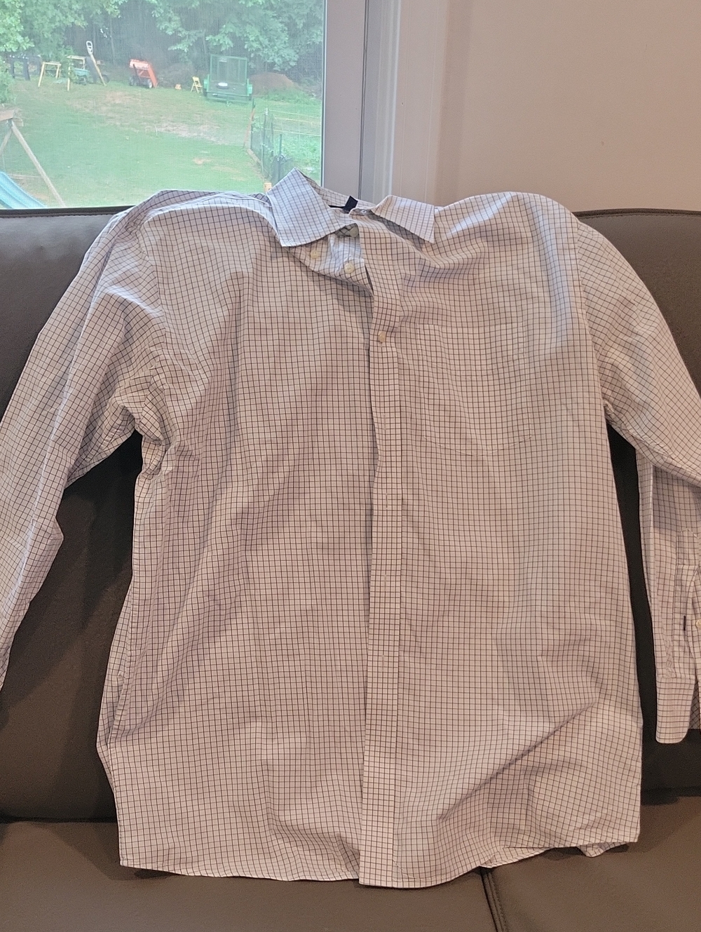Men's Checked Dress Shirt - White with Navy Grid